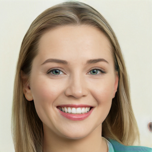 Joyful white young-adult female with long  brown hair and grey eyes