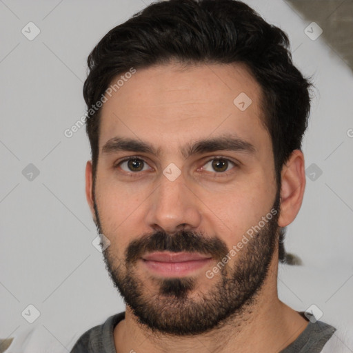 Neutral white young-adult male with short  black hair and brown eyes