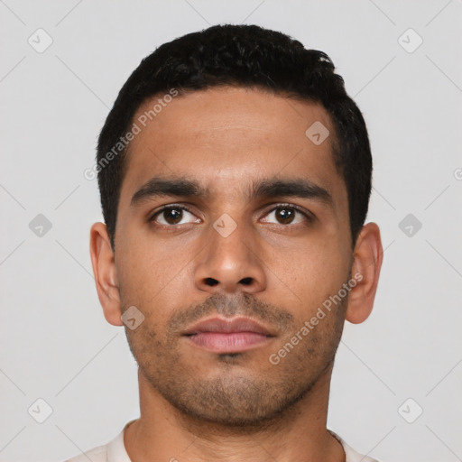 Neutral latino young-adult male with short  black hair and brown eyes