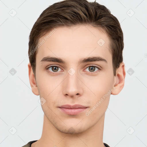 Neutral white young-adult male with short  brown hair and brown eyes