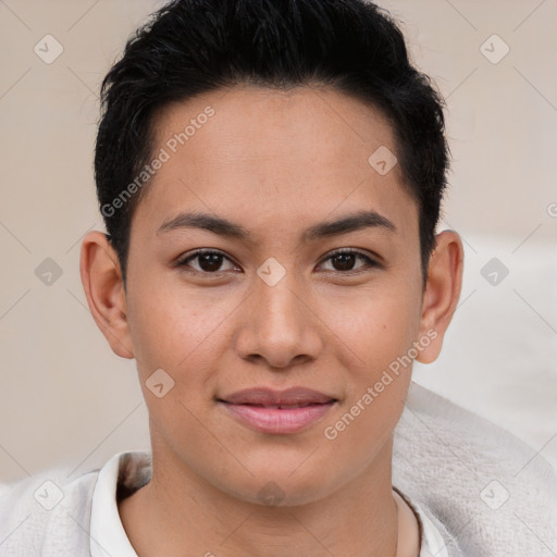 Joyful latino young-adult female with short  brown hair and brown eyes