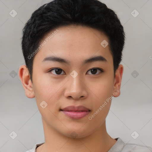 Neutral asian young-adult male with short  black hair and brown eyes