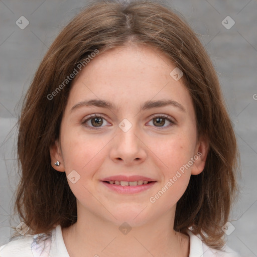 Joyful white child female with medium  brown hair and brown eyes