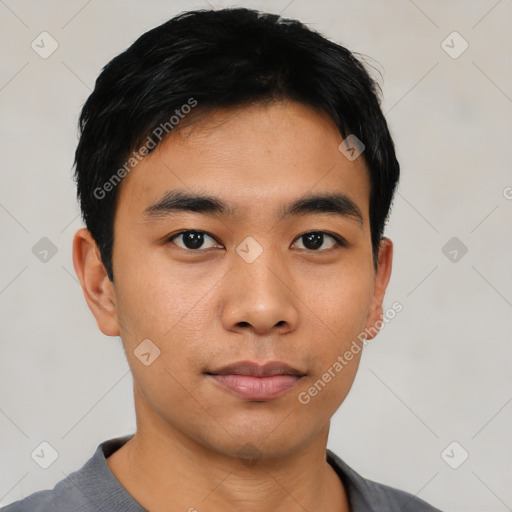 Neutral asian young-adult male with short  black hair and brown eyes