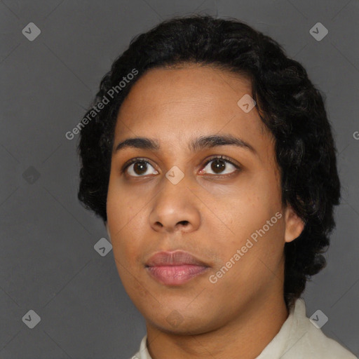 Neutral black young-adult female with short  black hair and brown eyes
