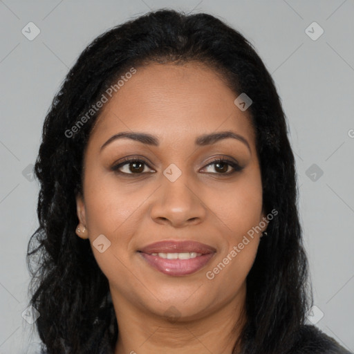 Joyful latino young-adult female with long  brown hair and brown eyes