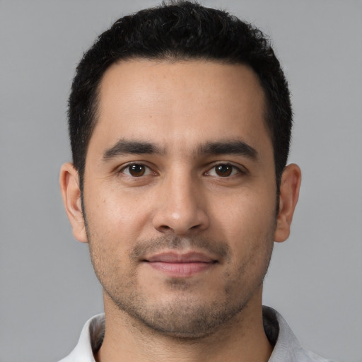 Neutral latino young-adult male with short  black hair and brown eyes