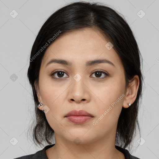 Neutral white young-adult female with medium  brown hair and brown eyes