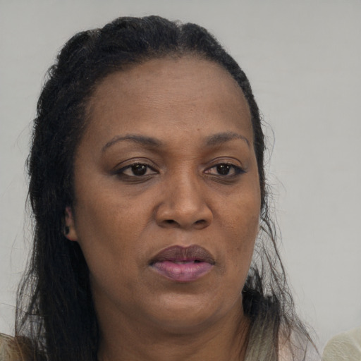 Joyful black adult female with long  brown hair and brown eyes
