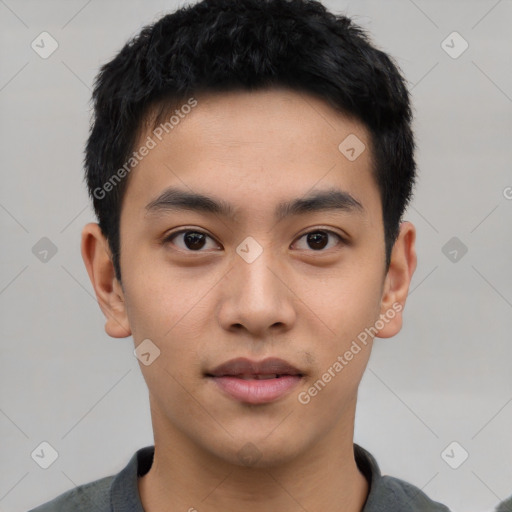 Neutral asian young-adult male with short  black hair and brown eyes
