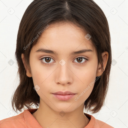 Neutral white young-adult female with medium  brown hair and brown eyes