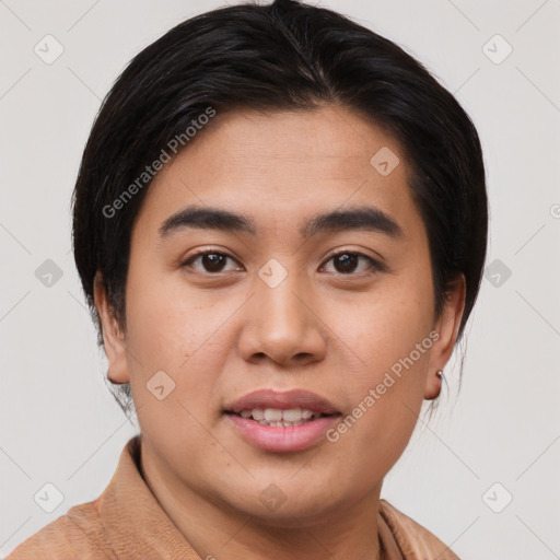 Joyful asian young-adult male with short  brown hair and brown eyes