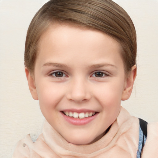 Joyful white child female with short  brown hair and brown eyes