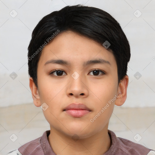 Neutral asian young-adult female with short  brown hair and brown eyes