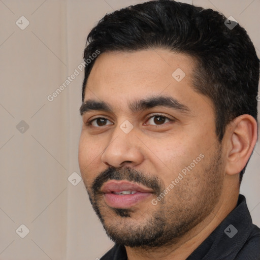 Neutral latino young-adult male with short  black hair and brown eyes