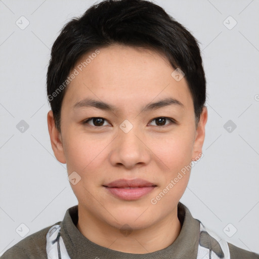 Joyful asian young-adult female with short  brown hair and brown eyes