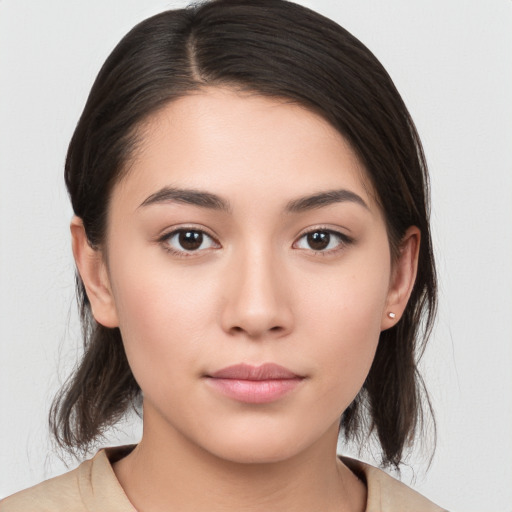 Neutral white young-adult female with medium  brown hair and brown eyes