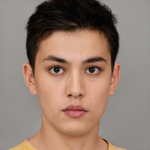 Neutral white young-adult male with short  brown hair and brown eyes