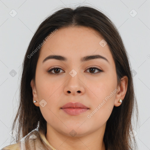 Neutral latino young-adult female with long  brown hair and brown eyes