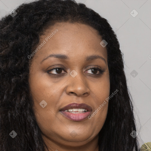 Joyful black young-adult female with long  brown hair and brown eyes