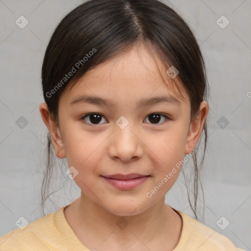 Joyful white child female with medium  brown hair and brown eyes