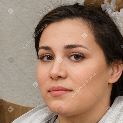 Neutral white young-adult female with medium  brown hair and brown eyes