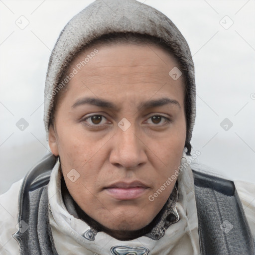 Neutral white adult female with short  brown hair and brown eyes