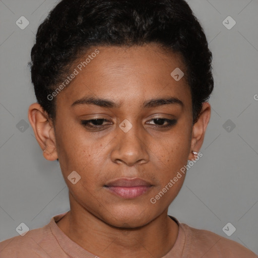 Joyful latino young-adult female with short  brown hair and brown eyes