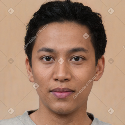 Neutral latino young-adult male with short  black hair and brown eyes