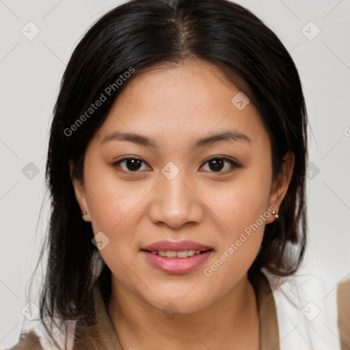 Joyful white young-adult female with medium  brown hair and brown eyes