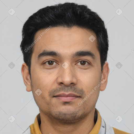 Neutral latino young-adult male with short  black hair and brown eyes