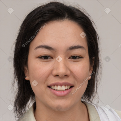 Joyful white young-adult female with medium  brown hair and brown eyes