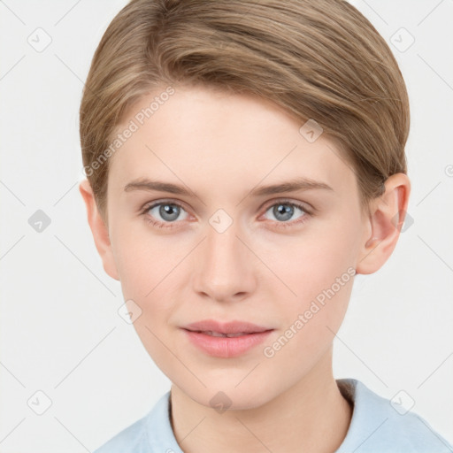 Joyful white young-adult female with short  brown hair and grey eyes