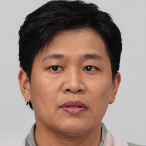 Joyful asian adult male with short  brown hair and brown eyes