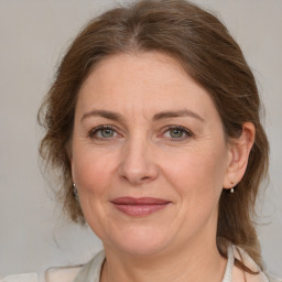 Joyful white adult female with medium  brown hair and grey eyes