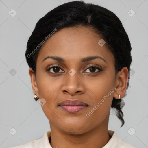 Joyful latino young-adult female with short  brown hair and brown eyes