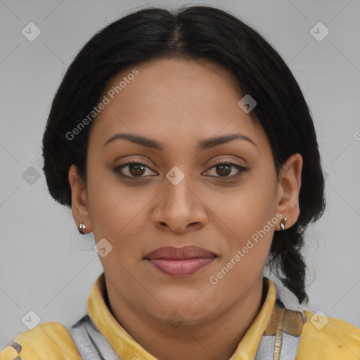 Joyful latino young-adult female with medium  brown hair and brown eyes