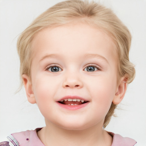 Joyful white child female with medium  brown hair and blue eyes