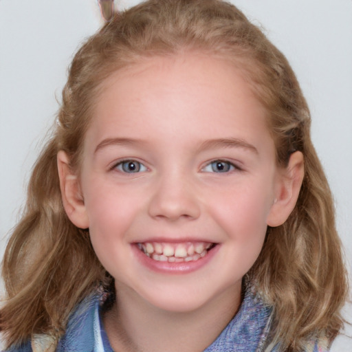 Joyful white child female with medium  brown hair and blue eyes