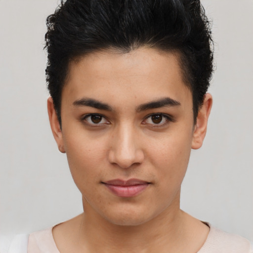 Neutral latino young-adult female with short  black hair and brown eyes