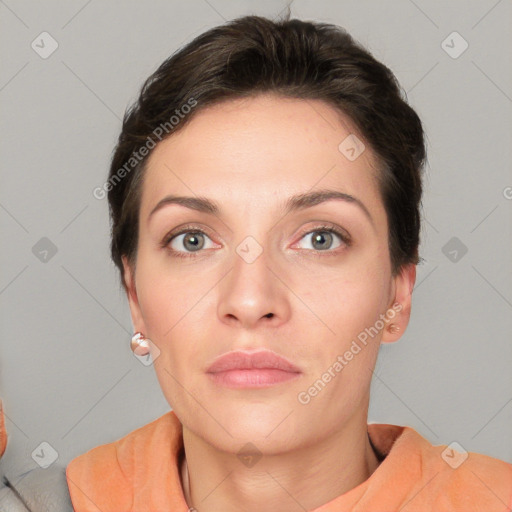 Neutral white young-adult female with short  brown hair and grey eyes