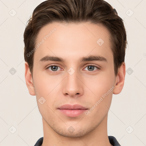 Neutral white young-adult male with short  brown hair and brown eyes