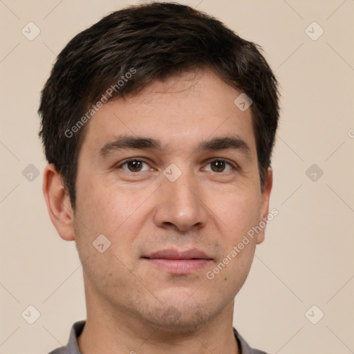 Joyful white young-adult male with short  brown hair and brown eyes