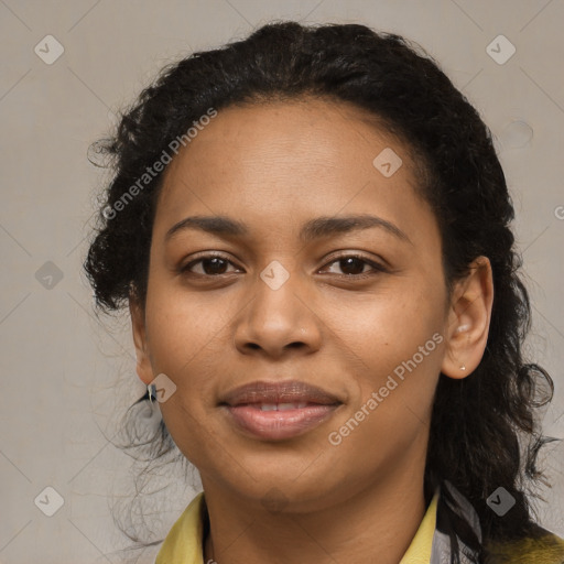 Joyful latino young-adult female with medium  black hair and brown eyes