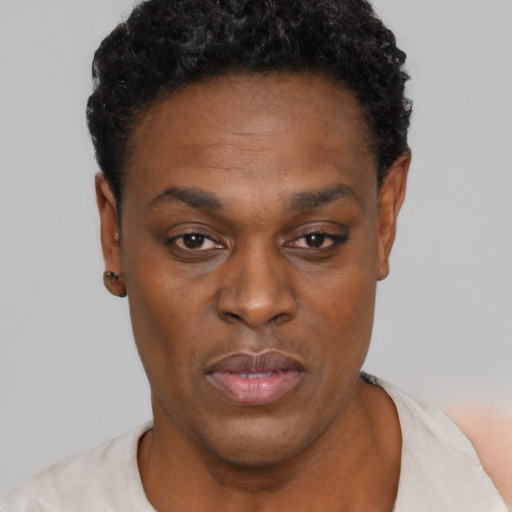 Neutral black adult female with short  black hair and brown eyes