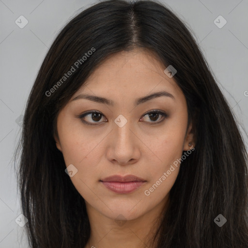 Neutral asian young-adult female with long  brown hair and brown eyes