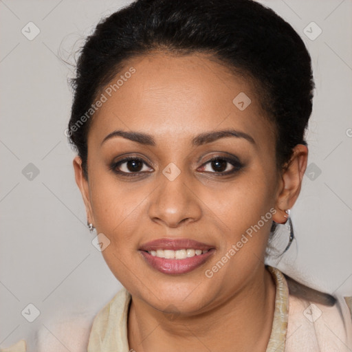 Joyful latino young-adult female with short  brown hair and brown eyes