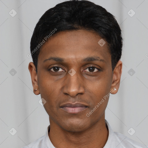 Neutral latino young-adult male with short  black hair and brown eyes
