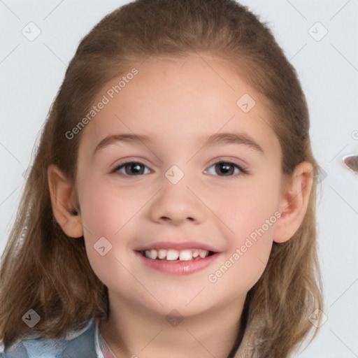 Joyful white child female with medium  brown hair and brown eyes