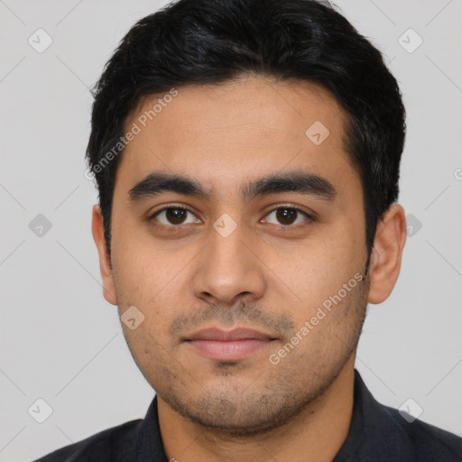 Neutral latino young-adult male with short  black hair and brown eyes